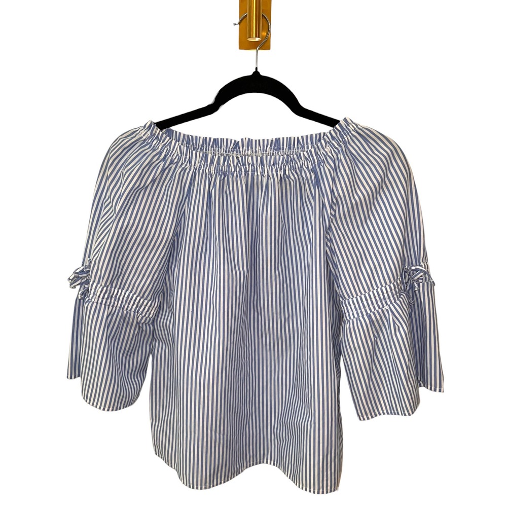 French Toast Off The Shoulder Coastal Blue White Striped Preppy Top Women's 14